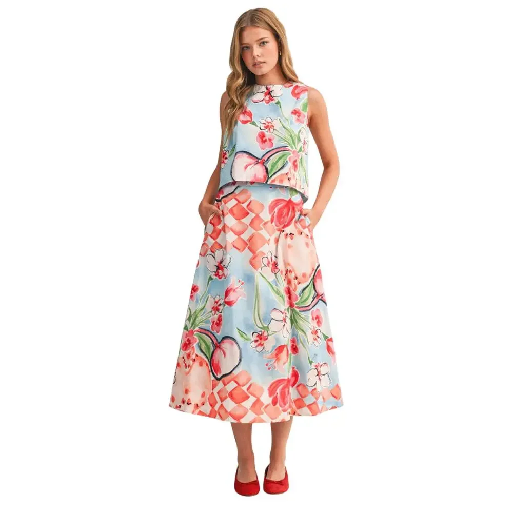 &Merci NWT Floral Matching Set Midi Skirt Sleeveless Outfit Sz S